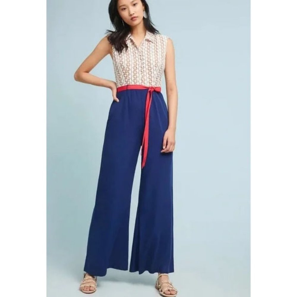 Anthropologie Cream Lace Top Navy Wide-Leg Jumpsuit with Red Belt